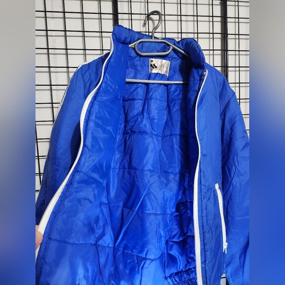 Vintage BLUE puffer Style Canadian JACKET With Hood Track Style - Picture 5 of 6